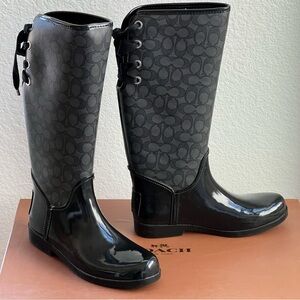 Coach Tristee Outline Signature Tall Lace-Back Rubber Rain Boots A00268 11M